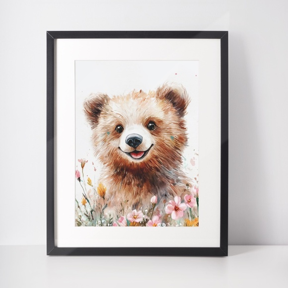 Watercolor Floral Bear Portrait Wall Art Illustration Print Poster Unframed - Picture 3 of 9